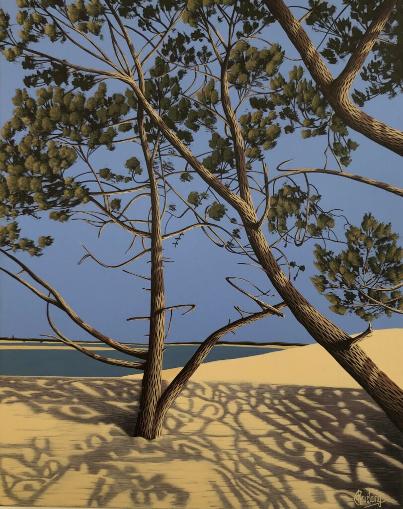 Ce tableau représente 2 pins entrelacés sur une dune, les ombres au sol forment des arabesques. Peinture d'Olivier Roustaing