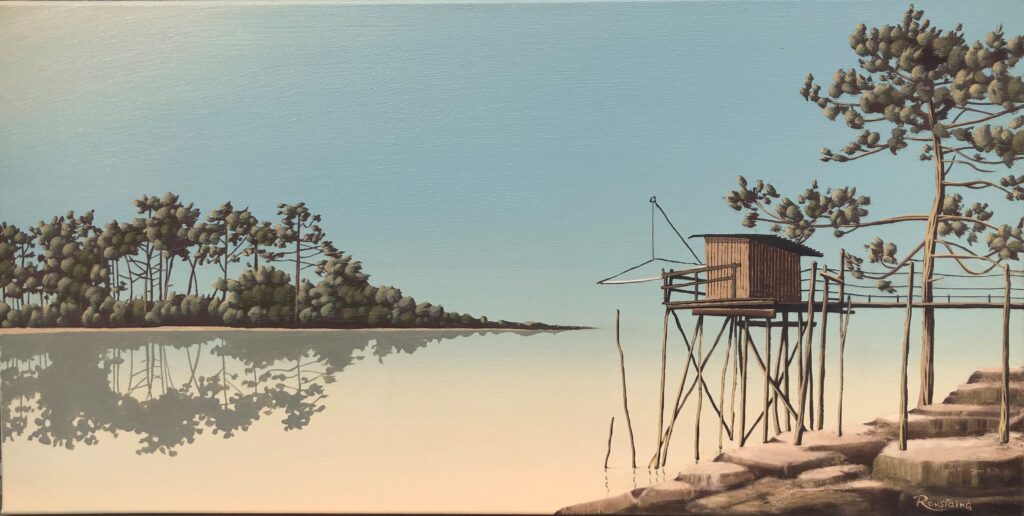 Ce tableau représente un carrelet devant une ligne d’horizon ou se reflète les pins. Peinture d'Olivier Roustaing