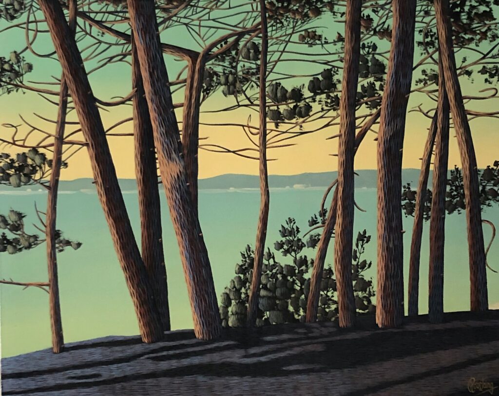 Ce tableau est une vue sur la mer derrière des pins rouges, un coucher du soleil couleur bleu curaçao. Peinture d'Olivier Roustaing