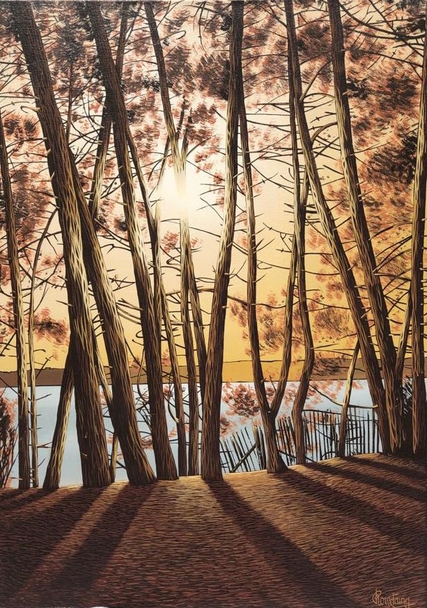 Ce tableau est une vue du coucher du soleil derrière les pins. Peinture d'Olivier Roustaing
