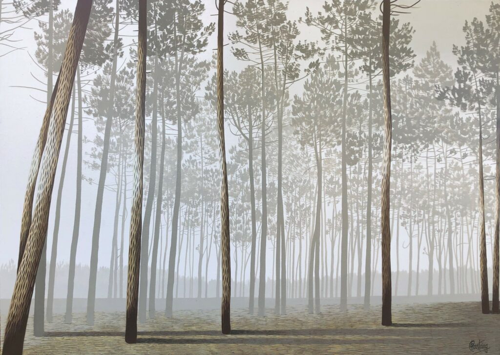 Ce tableau représente une forêt de pins dans une brume matinale. Peinture d'Olivier Roustaing