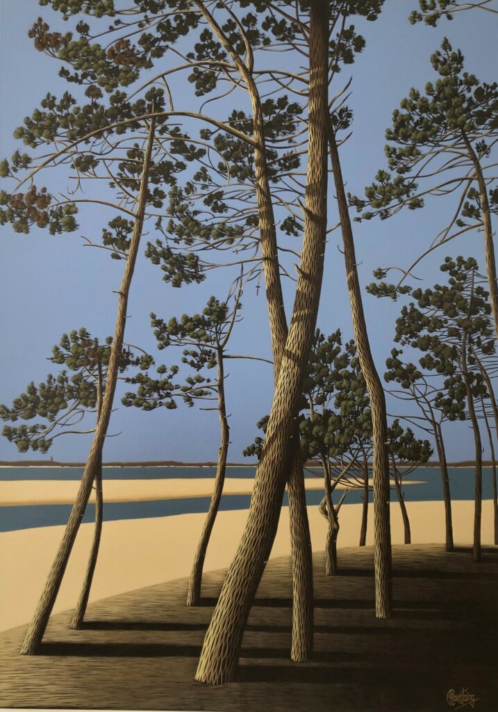 Ce tableau représente des pins entremêlés devant des bancs de sable. Peinture d'Olivier Roustaing