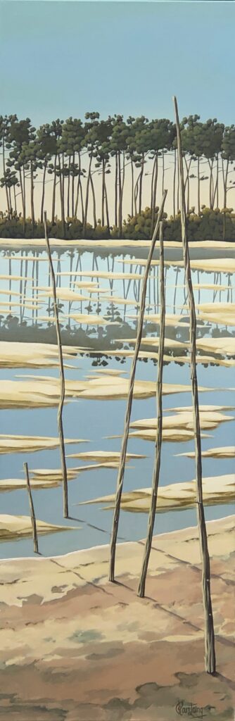 Ce tableau nous fait découvrir une rive à marée basse. Peinture d'Olivier Roustaing