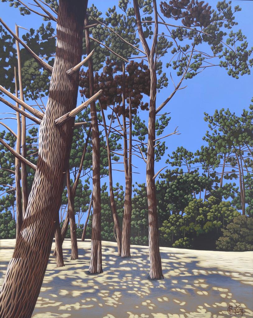 Ce tableau représente des pins devant un grand ciel bleu, sur le sol joue l’ombre des arbres et du soleil. Peinture d'Olivier Roustaing