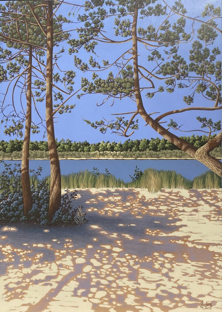 Ce tableau utilise les ombres et les contrastes de la lumière à travers les pins pour faire ressentir la chaleur de l’été. Peinture d'Olivier Roustaing