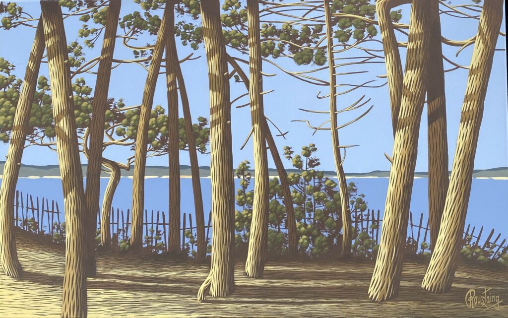 Ce tableau est une vue depuis les hauteurs du Pyla, une succession de pins devant des ganivelles. Peinture d'Olivier Roustaing