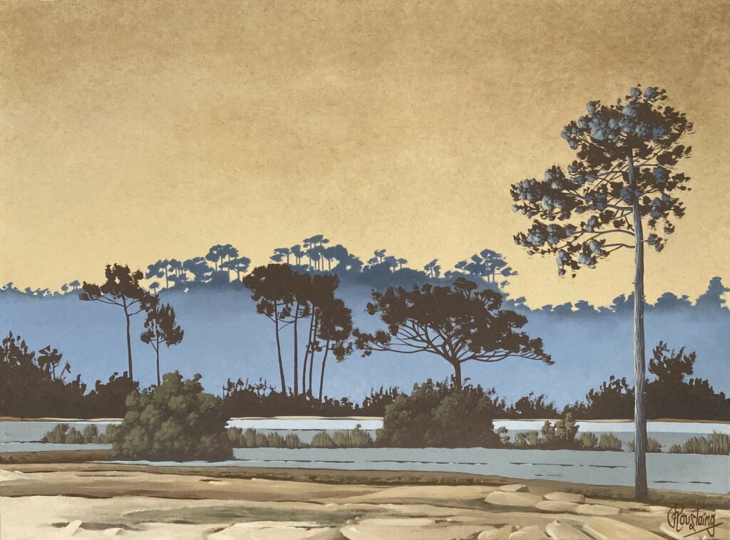 Ce tableau représente dans les tons bleu et ocre un paysage japonisant. Peinture d'Olivier Roustaing