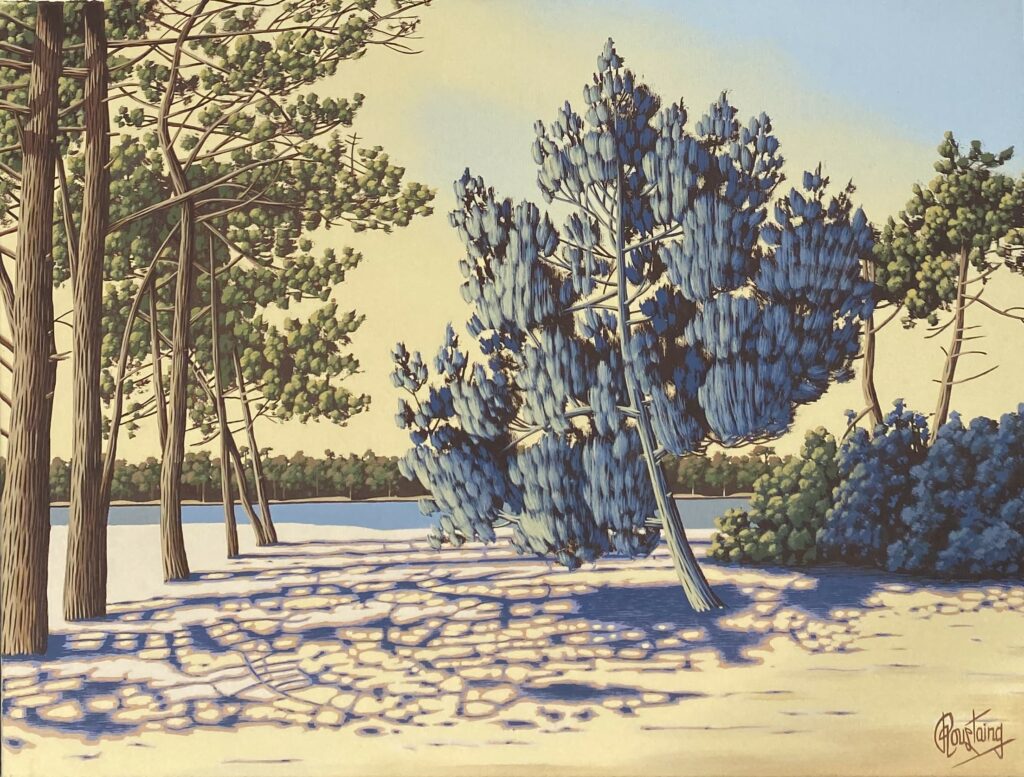 Ce tableau est centré sur un pin bleu et ses ombres portées au sol. Peinture d'Olivier Roustaing
