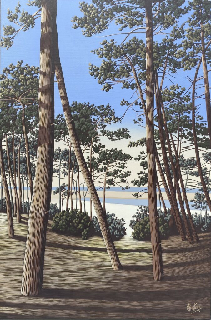 Ce tableau nous plonge dans une forêt de pins qui s’ouvre sur un banc de sable. Peinture d'Olivier Roustaing