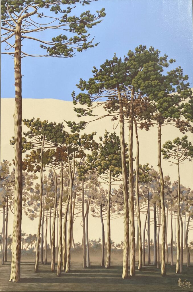 Ce tableau représente une forêt de pins face à la dune du Pyla. Peinture d'Olivier Roustaing