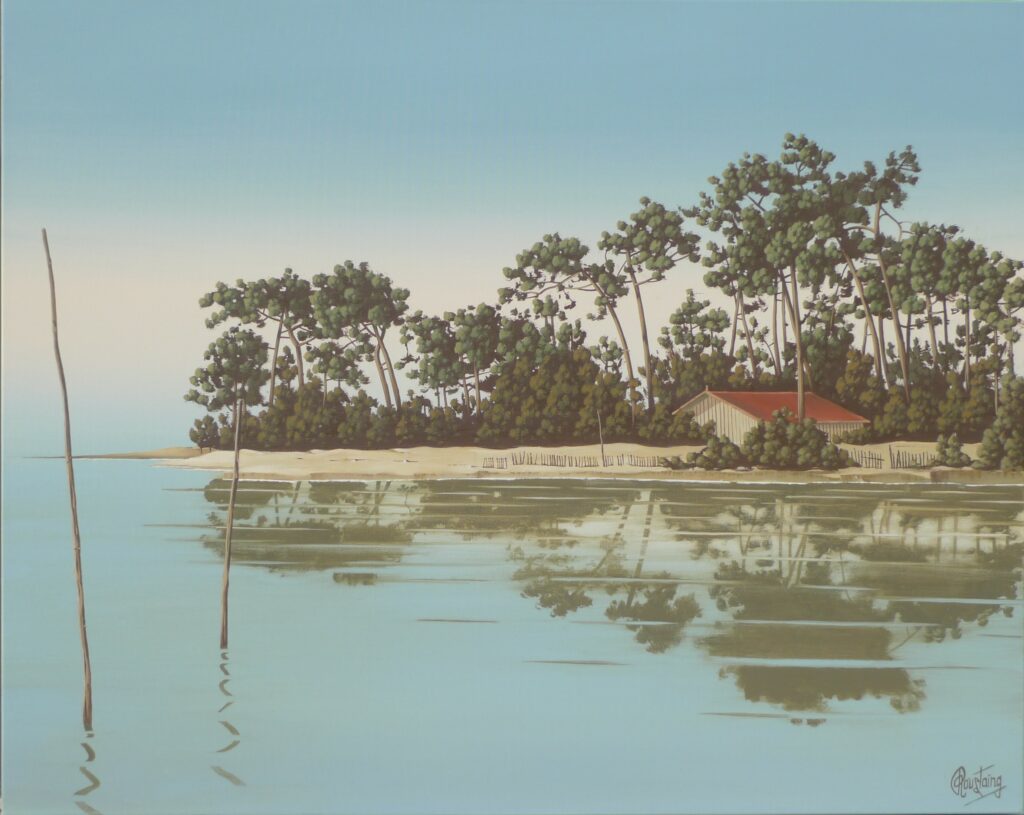 Ce tableau représente une ile fondue entre terre et mer où l’on distingue une cabane et le reflet des pins sur l’eau. Peinture d'Olivier Roustaing