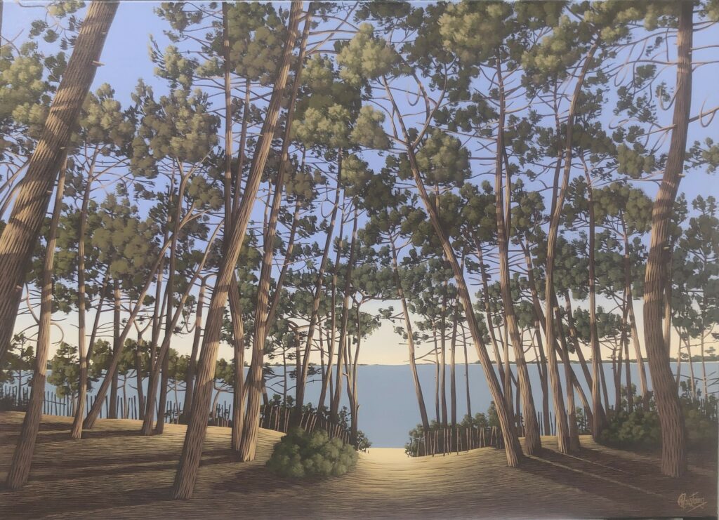 Ce tableau ouvre un accès à la mer entourée d’une forêt de pins. Peinture d'Olivier Roustaing