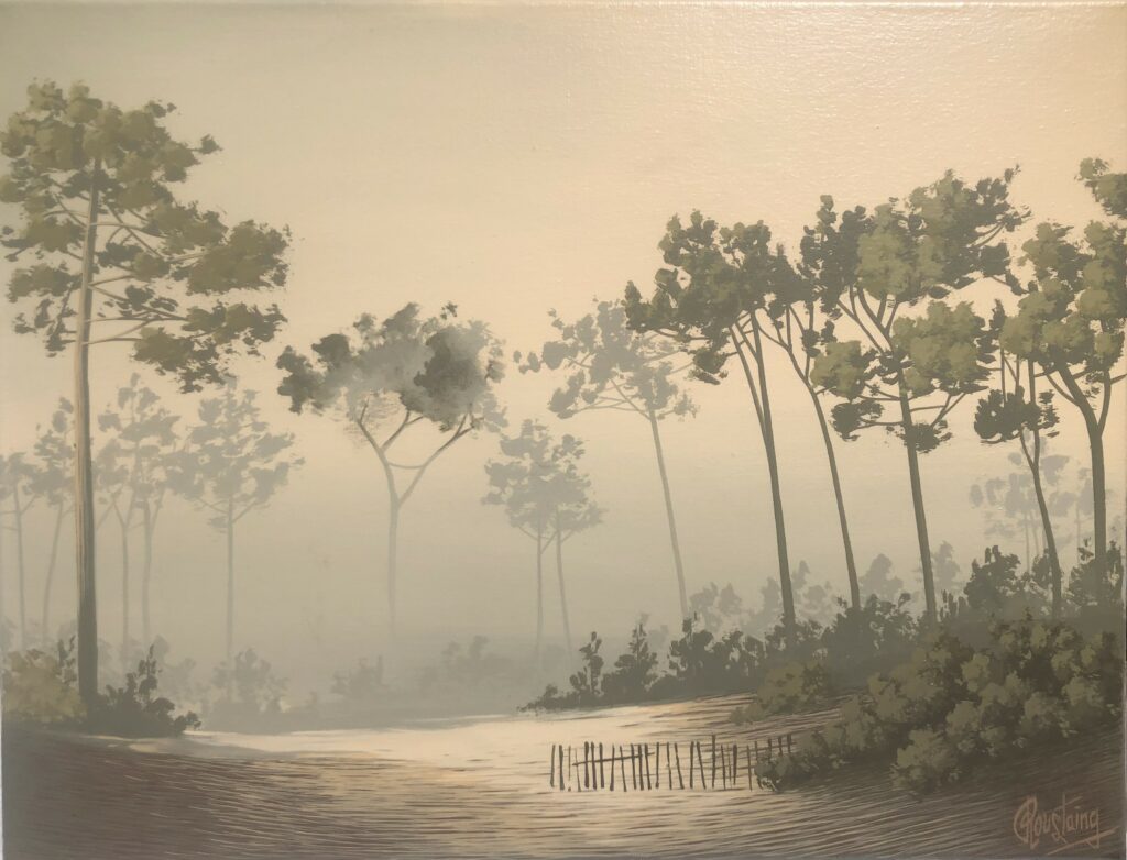 Ce tableau nous plonge dans un univers romantique, on aperçoit des arbres à travers la brume. Peinture d'Olivier Roustaing