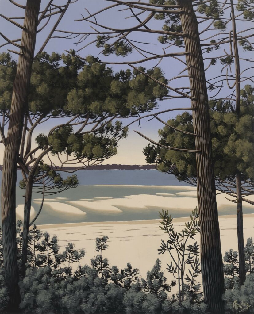 Ce tableau représente des bancs de sable, derrière une forêt de pins que l’on voit en premier plan. Peinture d'Olivier Roustaing