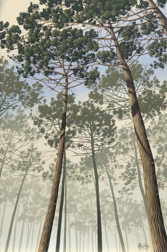 Ce tableau représente une forêt de pins en contreplongée. En arrière plan une brume enveloppe l'ensemble des pins. Peinture d'Olivier Roustaing