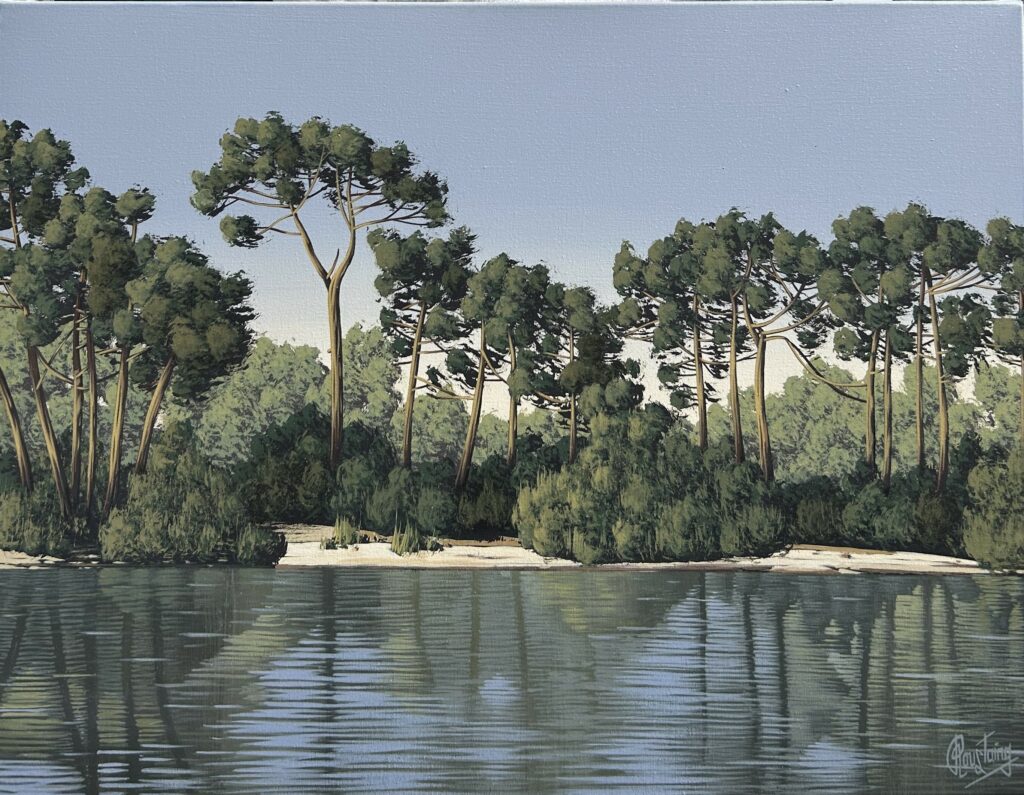 Ce tableau représente une forêt de pins le long d'une plage. En premier plan, on voie la forme des arbres se refléter dans l'eau du lac.