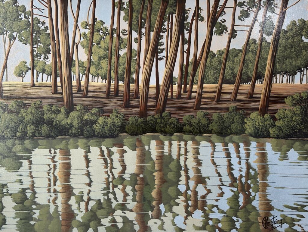 Ce tableau est une impression ou se confondent les arbres et les reflets dans l'eau. Peinture d'Olivier Roustaing