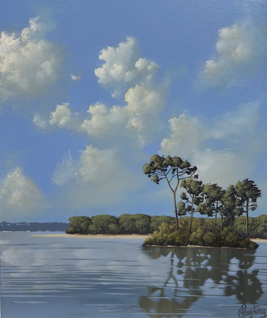 Ce tableau représente un ilot de verdure entre terre et mer . Peinture d'Olivier Roustaing