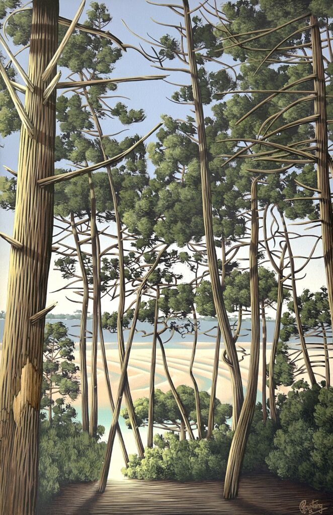 Ce tableau représente en premier plan une forêt de pins dans les tons vert, qui descend vers des bancs de sables bleu turquoise. Peinture d'Olivier Roustaing