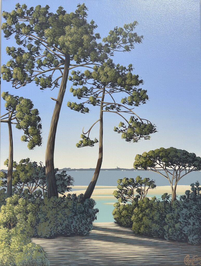 Ce tableau représente des pins dans les tons vert bleus, sur une plage, face à un banc de sable en second plan. Peinture d'Olivier Roustaing